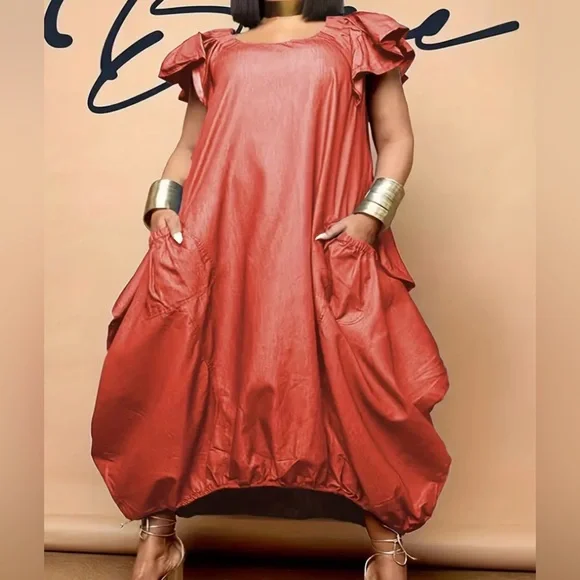 Butterfly Sleeve Maxi Dress with Pockets - Casual Round Neck Dress NWOT - Picture 1 of 1